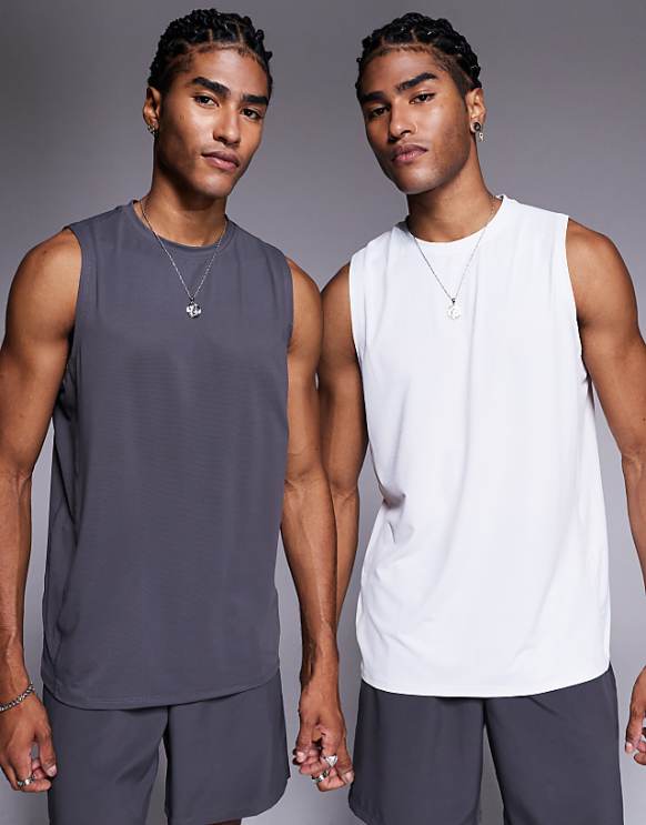 asos 4505 Icon quick dry mesh training tank 2 pack in graphite and white