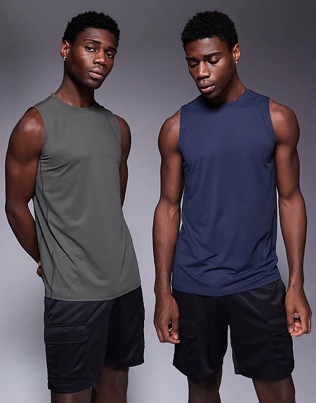 asos 4505 Icon quick dry mesh training tank 2 pack in khaki and navy