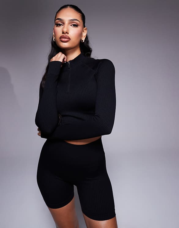 asos 4505 Icon seamless rib 1/4 zip long sleeve top in black