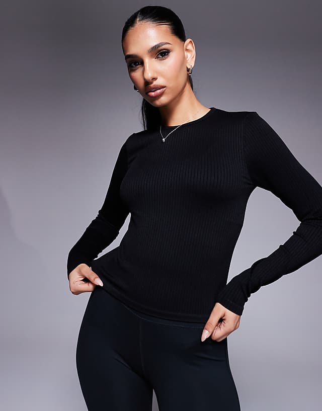 asos 4505 Icon seamless rib long sleeve top in black