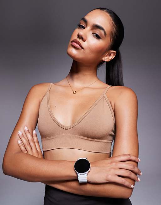 asos 4505 Intimate seamless active light support sports bra in honey beige