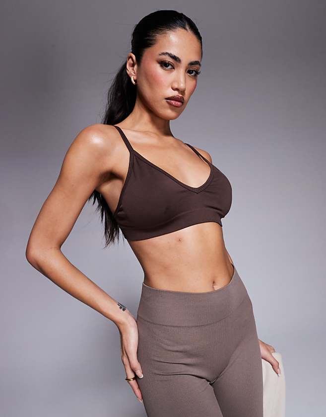 asos 4505 Intimate seamless active light support sports bra in cocoa