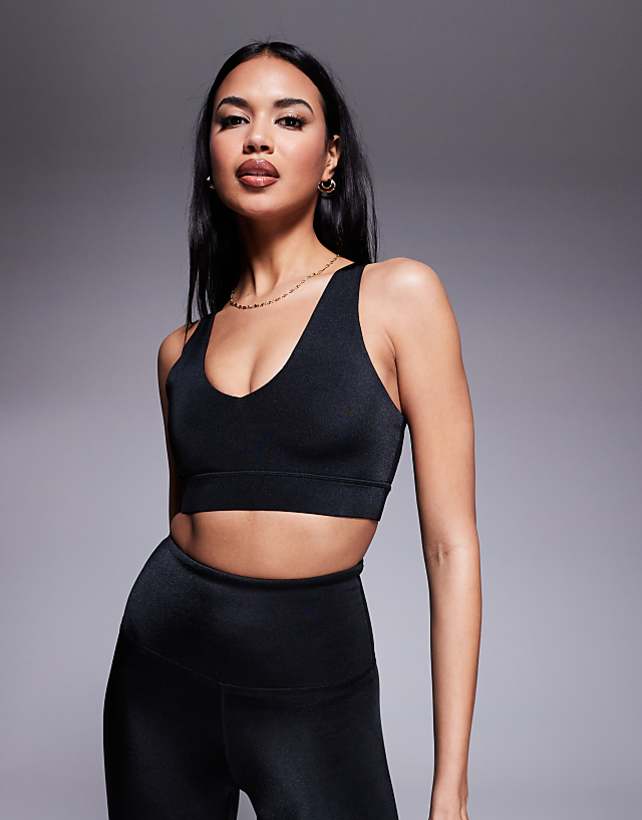 Asos 4505 Medium Support Sports Bra With Adjustable Straps In Black High Shine