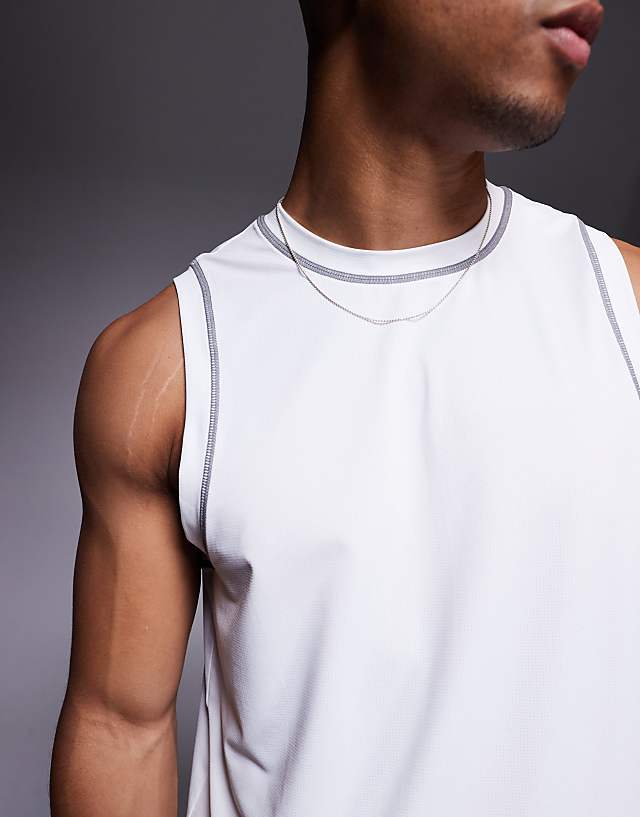 Asos 4505 Mesh Drop Armhole Vest With Contrast Seams In White