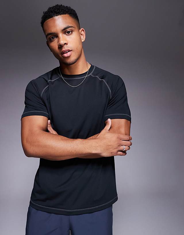 asos 4505 mesh training t-shirt with contrast seams in black