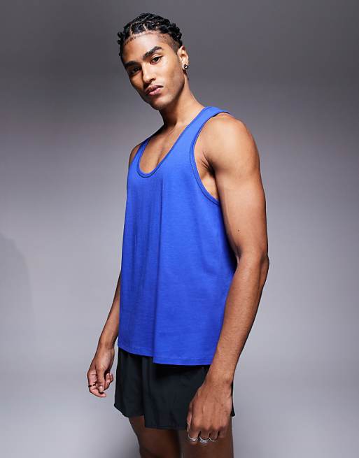 Asos 4505 Outdoor Runner Back Print Cotton Vest With Quick Dry Finish In Cobalt Blue