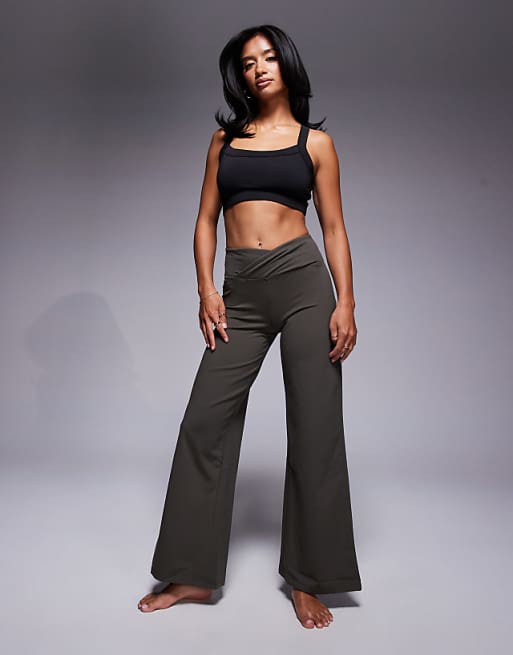 asos 4505 Petite Icon soft touch wrap waist wide leg dance pant in dark olive