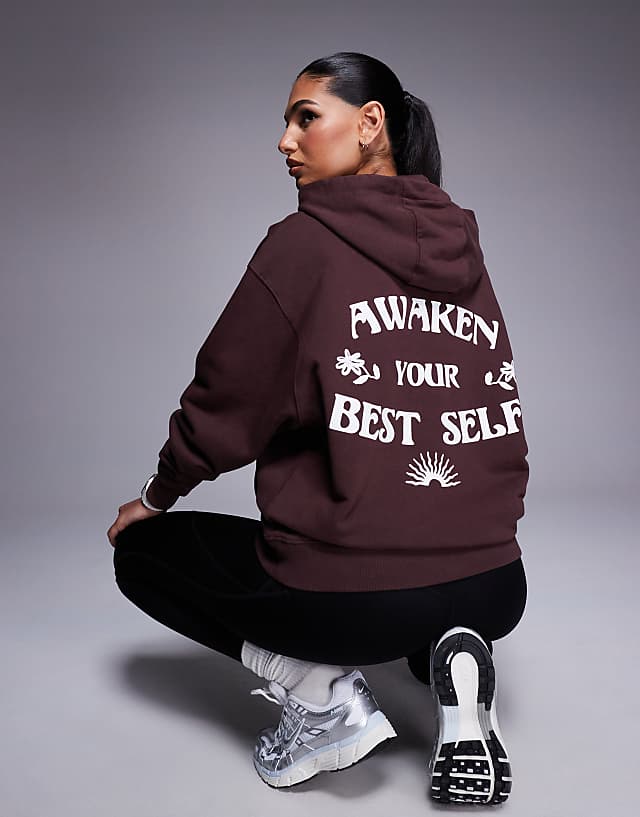 asos 4505 quick dry oversized training hoodie with back print in washed brown
