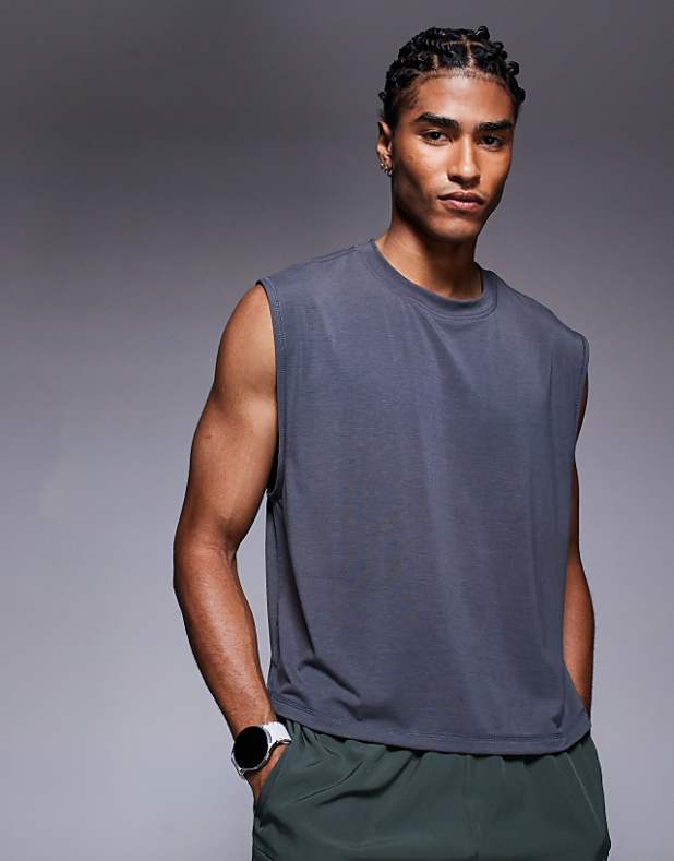 asos 4505 quick dry performance cropped training tank in graphite