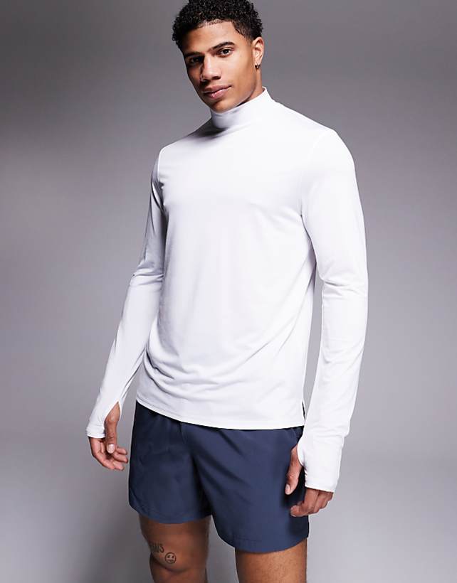 asos 4505 regular fit quick dry long sleeve running t-shirt with mock neck in white