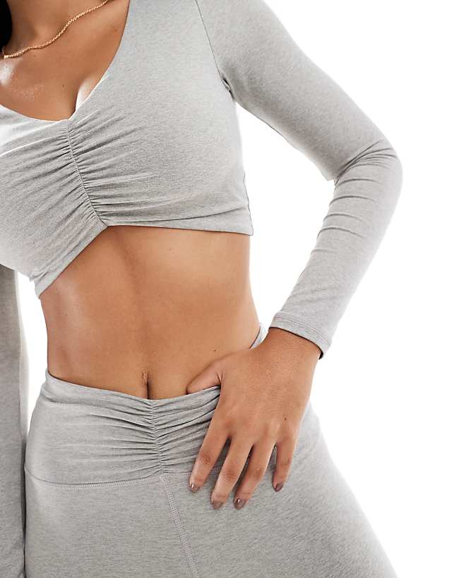 Asos 4505 Ruched Front Long Sleeve Active Top In Grey Marl