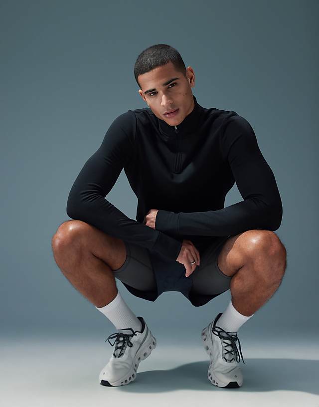Asos 4505 Running Thermal Quarter Zip Long Sleeve Top In Black