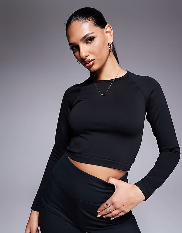 asos 4505 seamless cropped long sleeve top in black