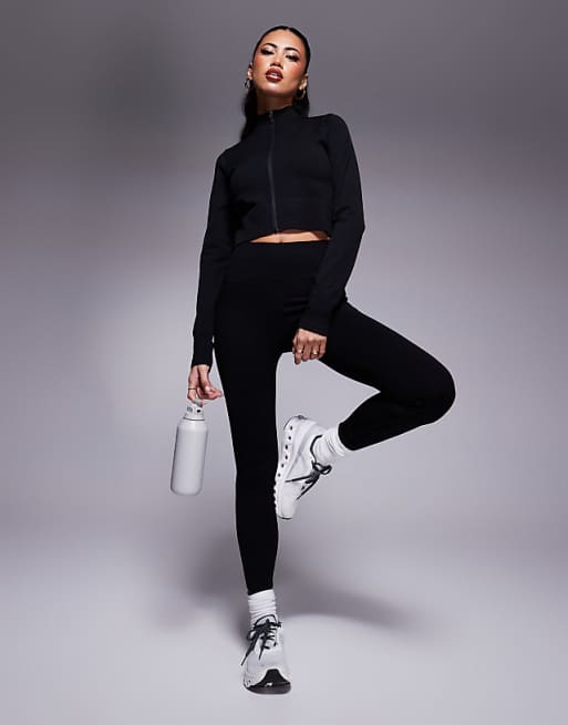 asos 4505 seamless fitted zip up track top in black