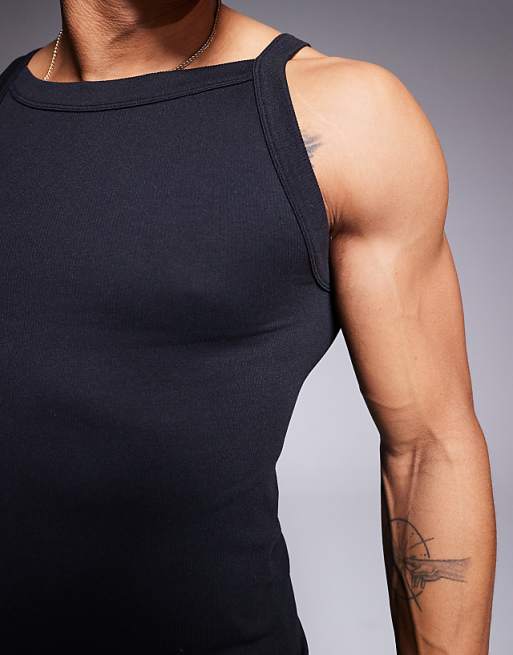 Asos 4505 Seamless Ribbed Square Neck Muscle Vest In Black