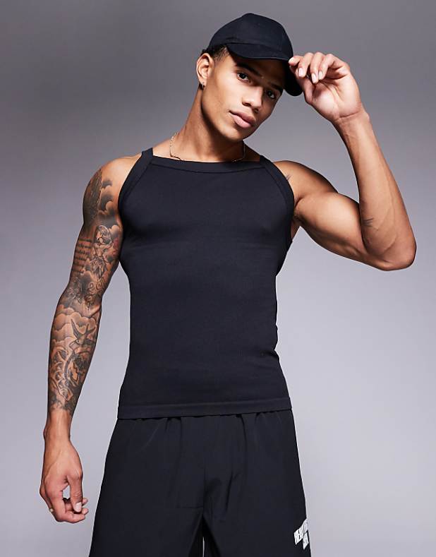 asos 4505 seamless ribbed square neck muscle vest in black