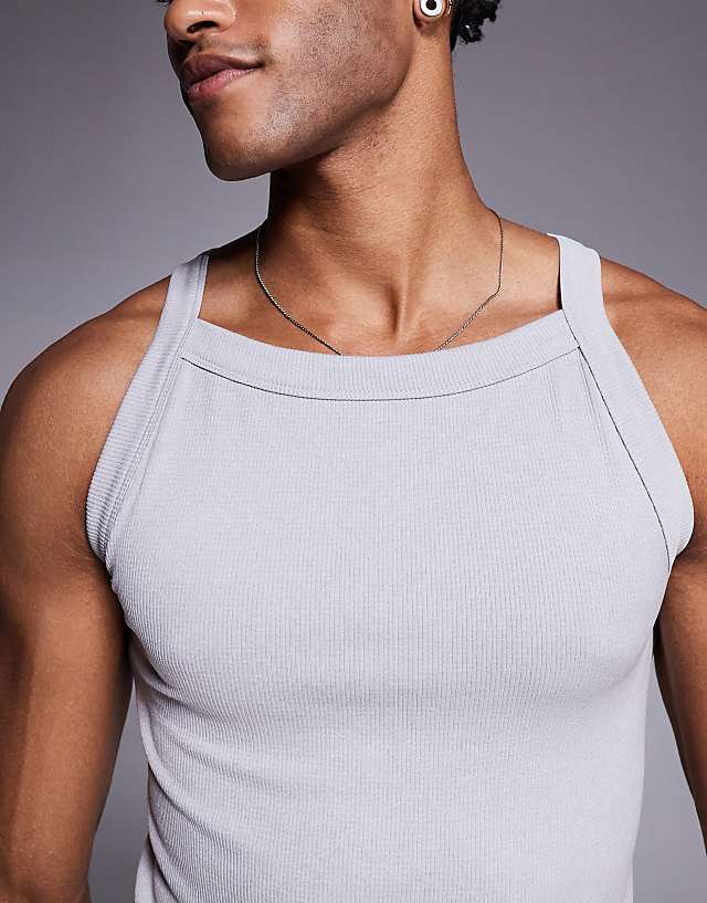 Asos 4505 Seamless Ribbed Square Neck Muscle Vest In Grey Marl