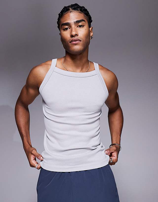 asos 4505 seamless ribbed square neck muscle vest in grey marl