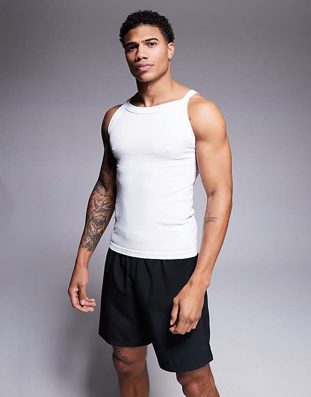 asos 4505 seamless ribbed square neck muscle vest in white