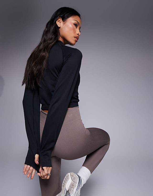Asos 4505 Seamless Slim Fit Crop 1/4 Zip Long Sleeve Active Top In Black
