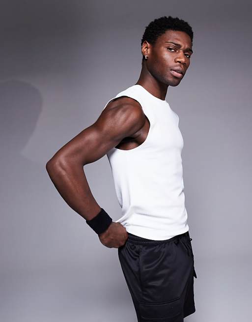 asos 4505 slim fit active rib 90s training tank in white