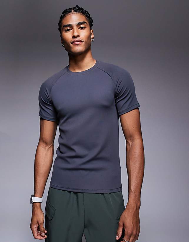 asos 4505 slim fit ribbed training t-shirt in graphite