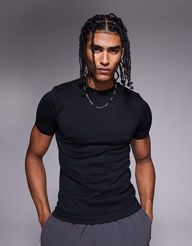 asos 4505 slim fit seamless ribbed training t-shirt in black