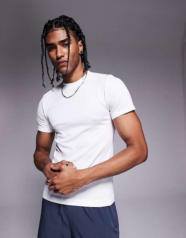 asos 4505 slim fit seamless ribbed training t-shirt in white
