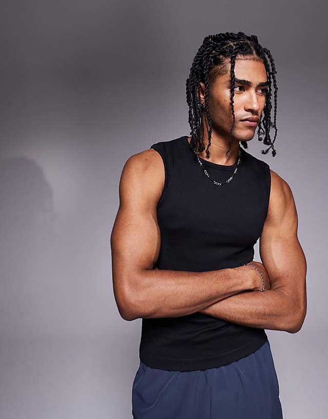 Asos 4505 Slim Fit Seamless Ribbed Training Tank In Black