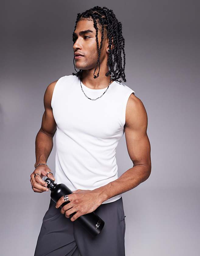 asos 4505 slim fit seamless ribbed training tank in white
