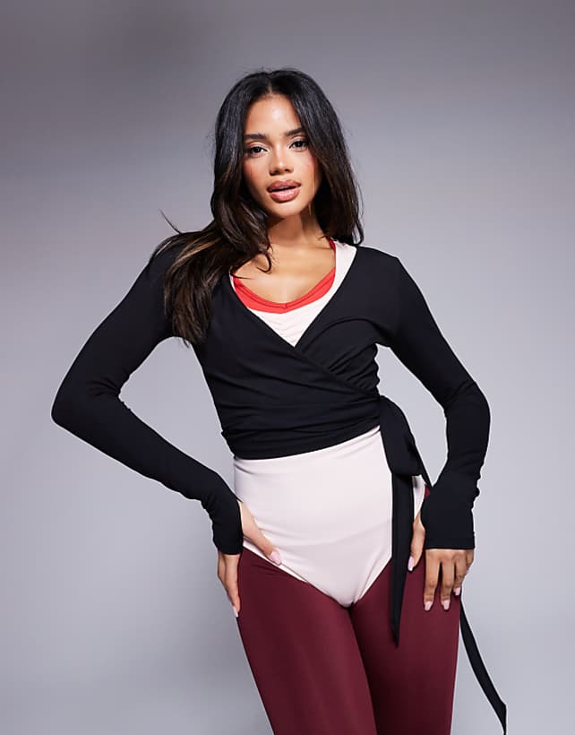 asos 4505 soft touch ballet wrap long sleeve top in black