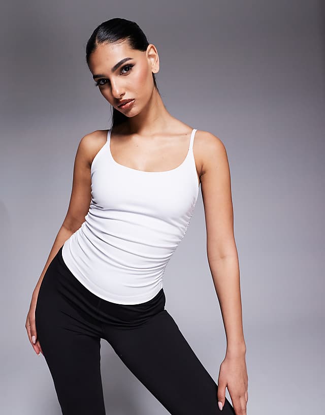 asos 4505 soft touch cami with ruched side and inner bra in white
