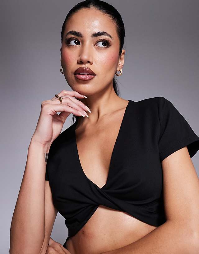 Asos 4505 Soft Touch Twist Front Crop T-shirt In Black