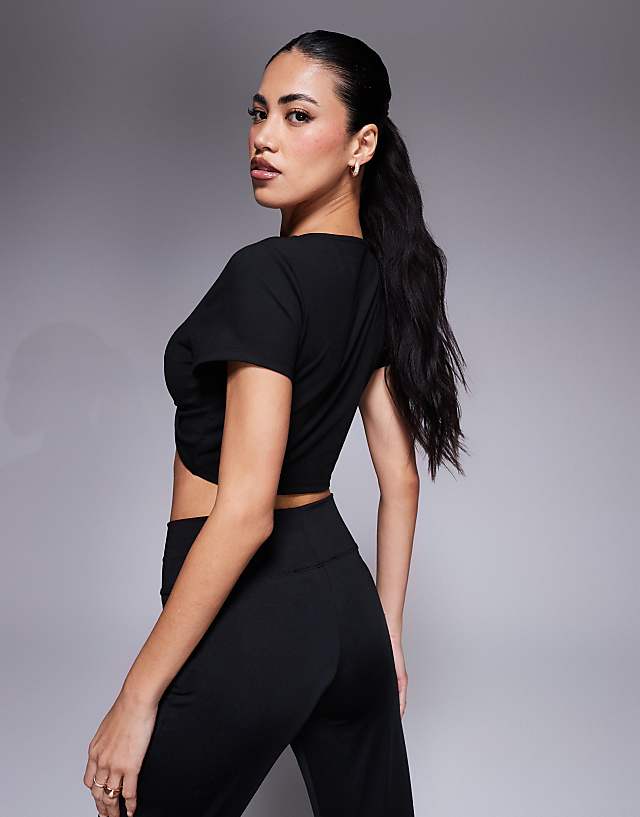 Asos 4505 Soft Touch Twist Front Crop T-shirt In Black