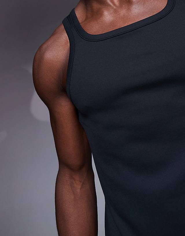 Asos 4505 Square Neck Slim Fit Active Rib Training Vest In Black