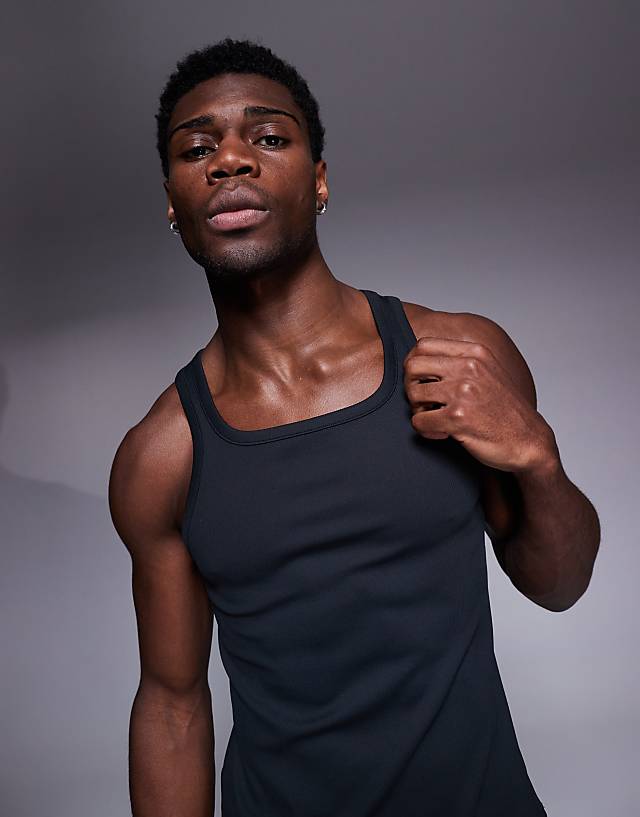 asos 4505 square neck slim fit active rib training vest in black