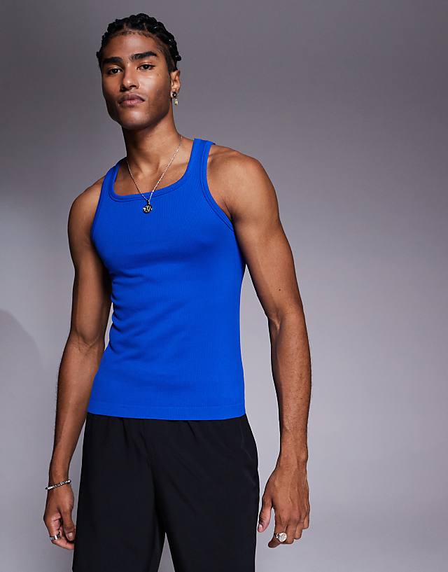Asos 4505 Square Neck Slim Fit Seamless Rib Training Vest In Cobalt Blue