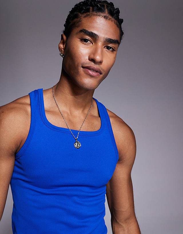 Asos 4505 Square Neck Slim Fit Seamless Rib Training Vest In Cobalt Blue