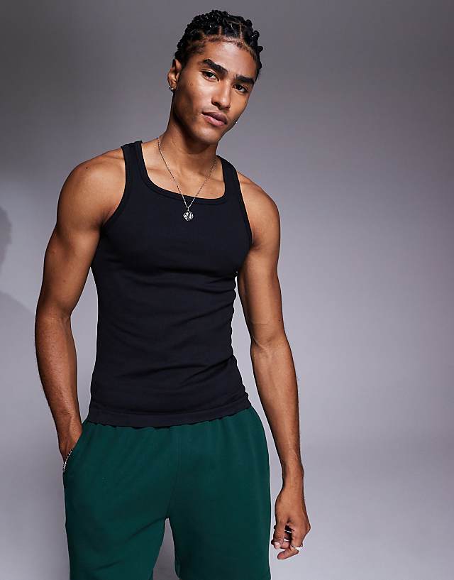 asos 4505 square neck slim fit seamless rib training vest in black