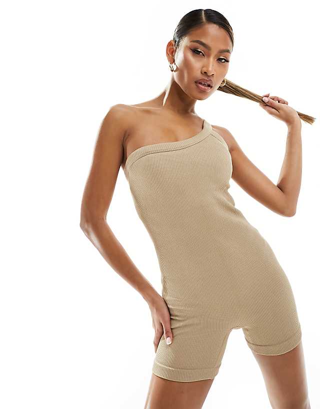 Asos 4505 Studio Seamless One Shoulder All In One With Inner Bra In Latte