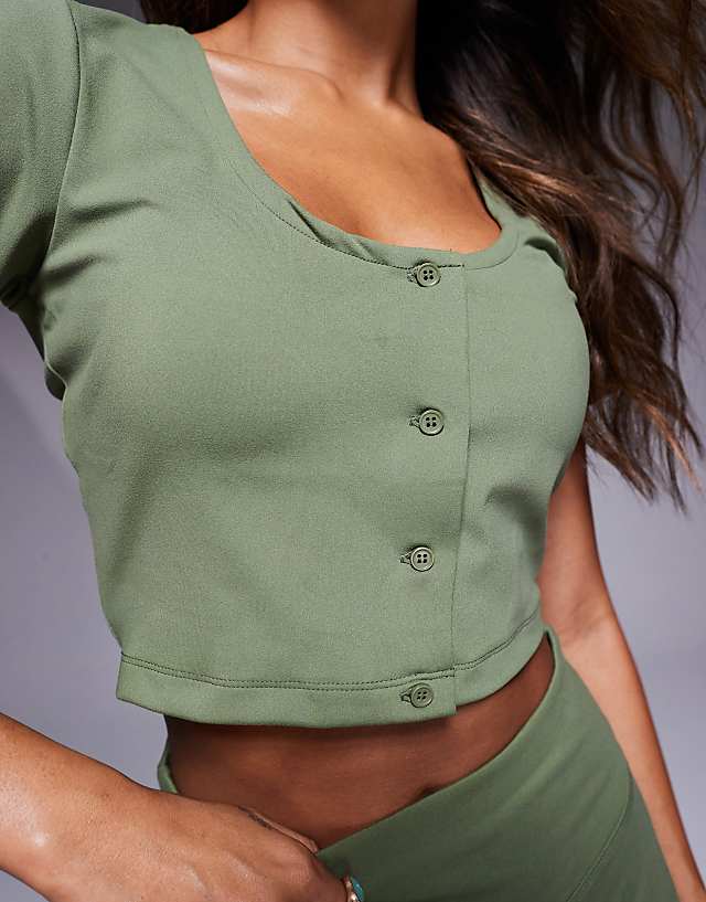 Asos 4505 Studio Soft Touch Active Short Sleeve Cardigan In Khaki