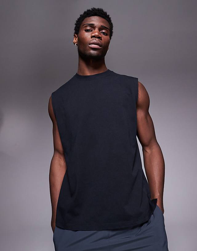 Asos 4505 Training Oversized Back Print Cotton Tank With Quick Dry Finish In Washed Black