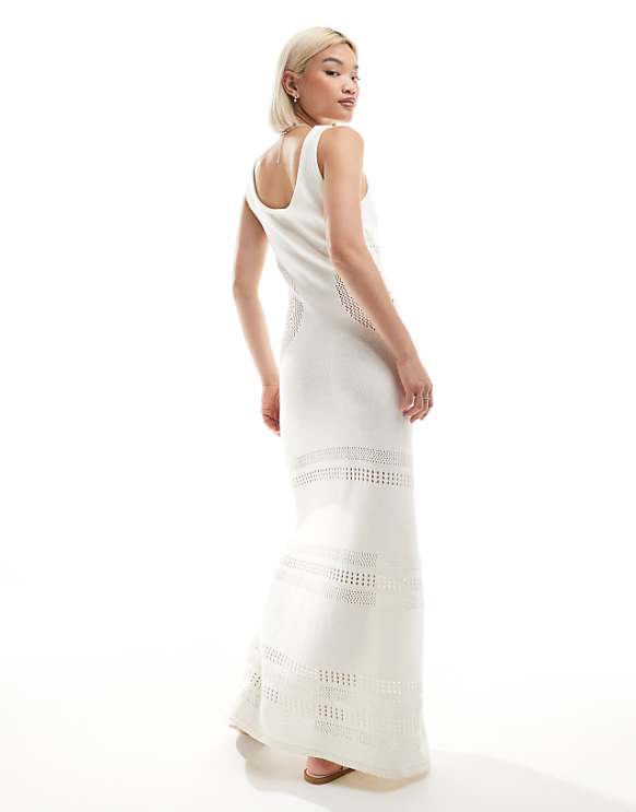 Asos 4th & Reckless Knitted Scoop Neck Panel Detail Beach Maxi Dress In Cream