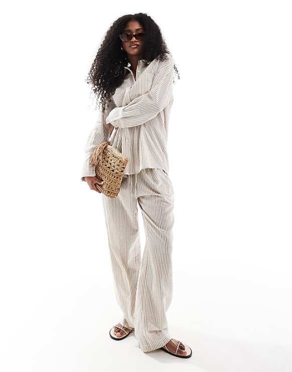 asos 4th & Reckless lightweight linen look stripe shirt and lightweight linen trouser co-ord in beige