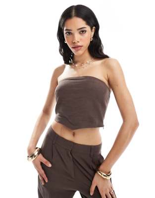 Asos 4th & Reckless Linen Blend Drape Detail Envelope Bandeau Top And Wide Leg Trousers Co-ord In Brown