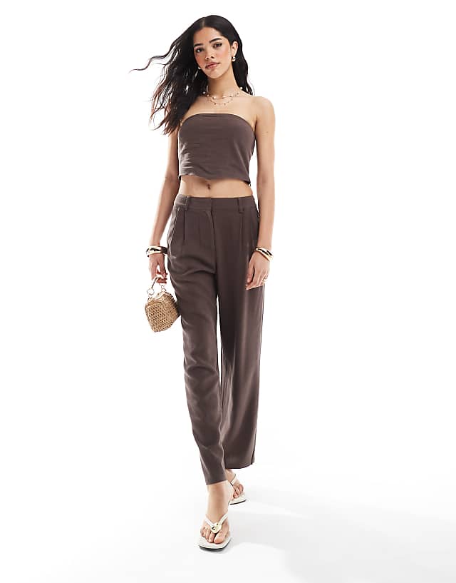 asos 4th & Reckless linen blend drape detail envelope bandeau top and wide leg trousers co-ord in brown