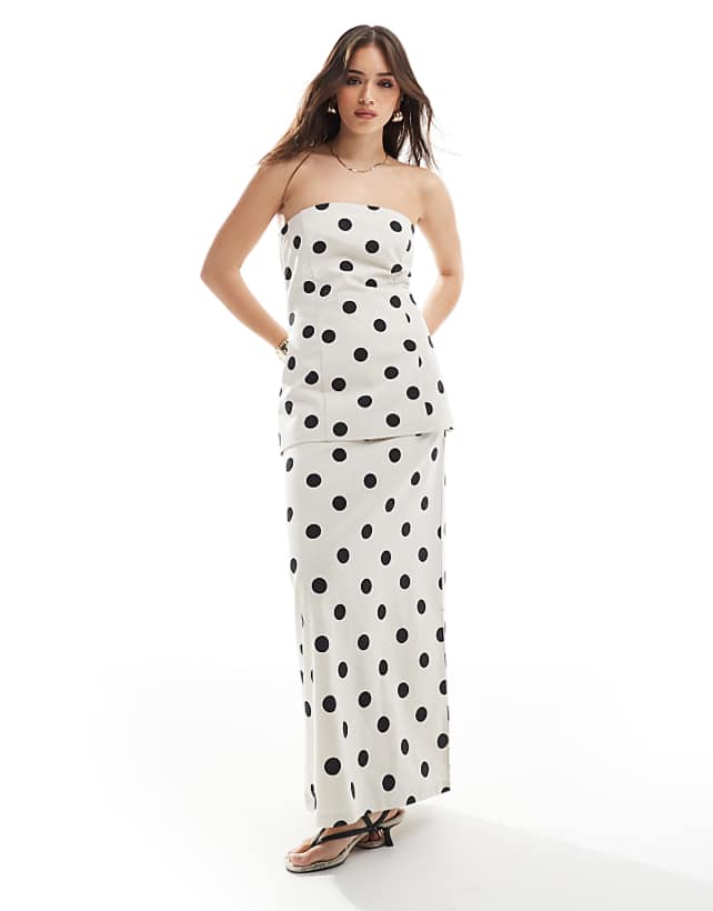 asos 4th & Reckless linen look bandeau longline top and maxi skirt co-ord in cream polka dot