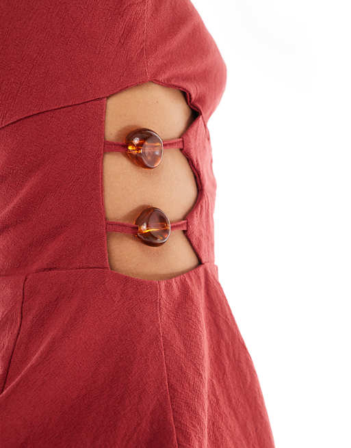 Asos 4th & Reckless Linen Look Cotton Bandeau Cut Out Bead Detail Mini Dress In Rust