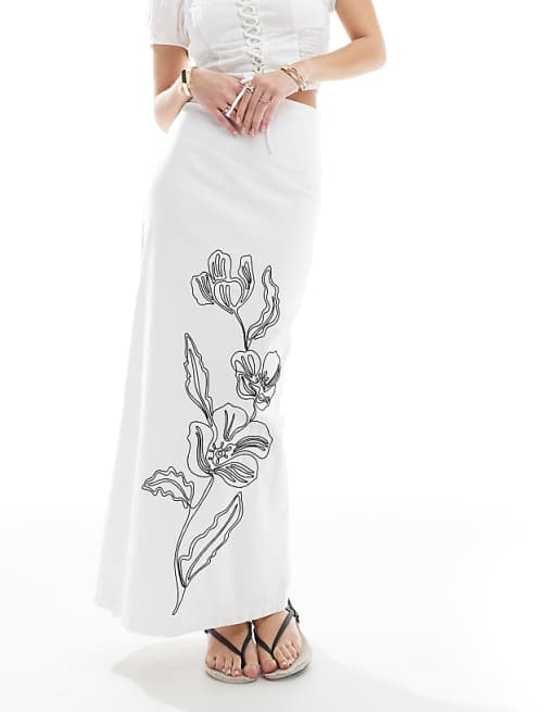 Asos 4th & Reckless Linen Look Floral Embroidered Maxi Skirt In White