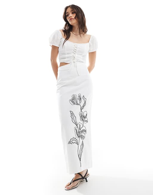 asos 4th & Reckless linen look floral embroidered maxi skirt in white